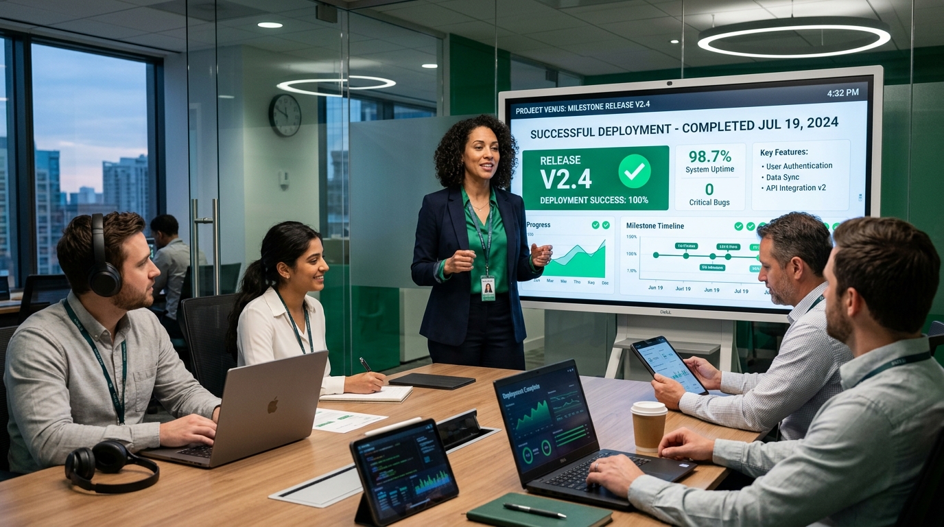 Project delivery lead presenting completed software release milestone